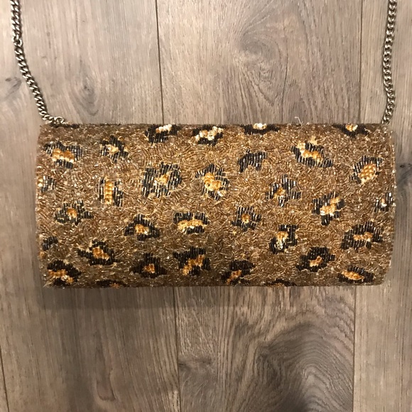 Retro Golden Leopard Beaded Clutch w/ chain strap - Picture 9 of 10